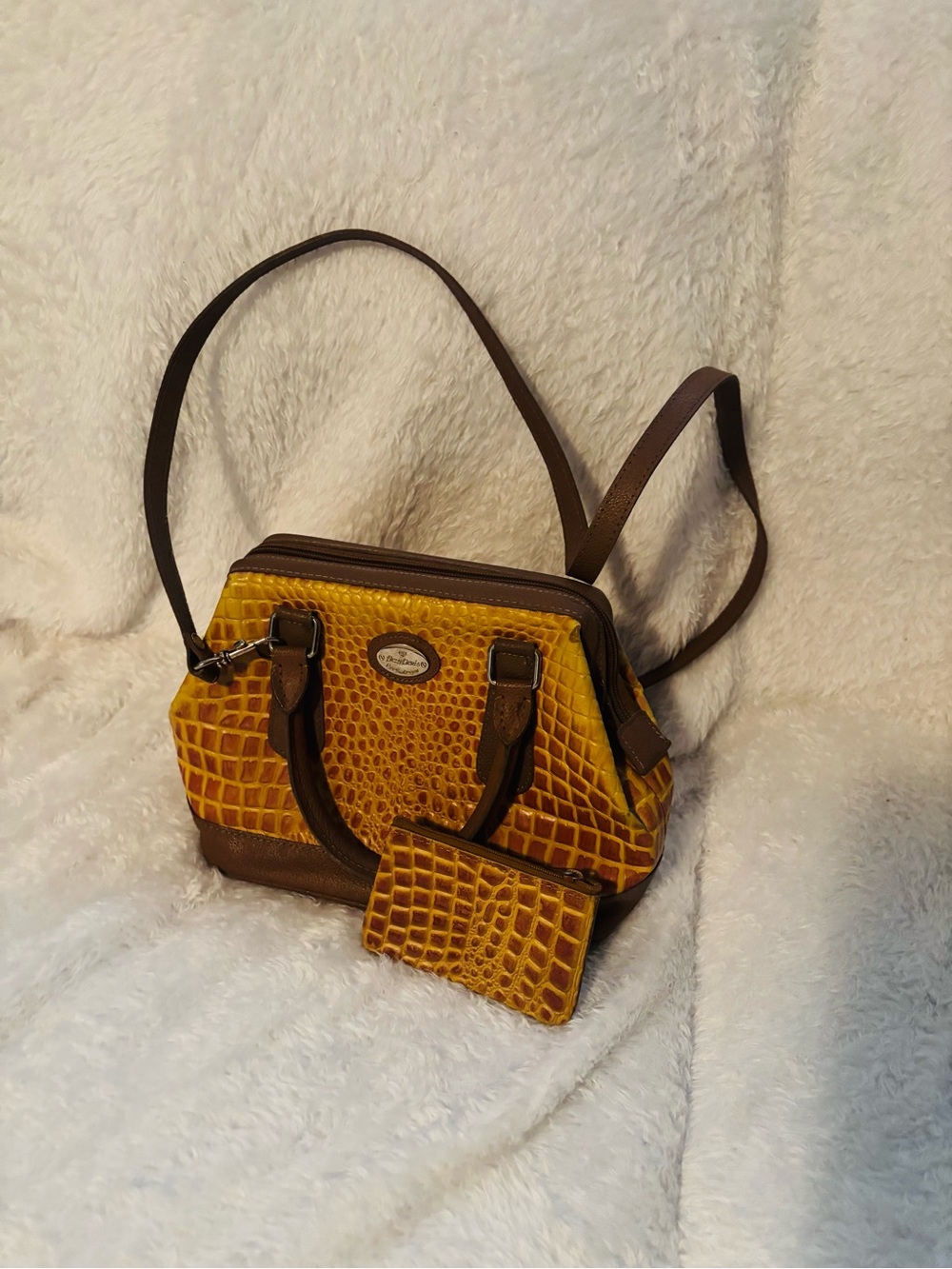 Yellow Croc-Embossed Crossbody Satchel with Brown Trim